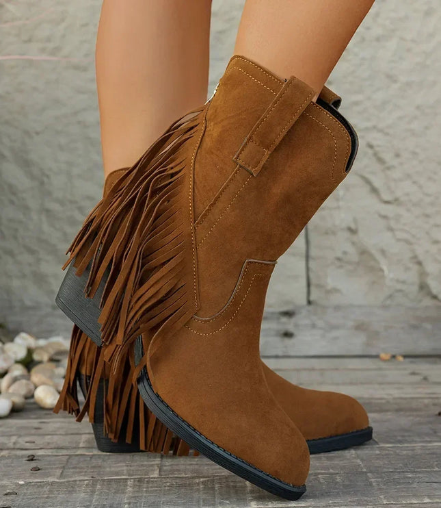 Women's Side Zip Fringe Western Cowboy Boots, Wide Calf