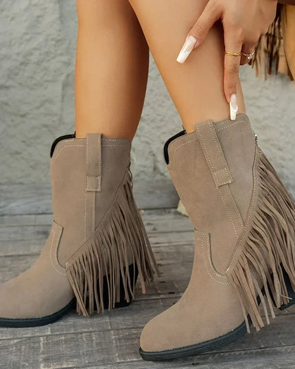 Women's Side Zip Fringe Western Cowboy Boots, Wide Calf