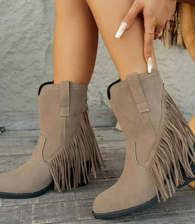 Women's Side Zip Fringe Western Cowboy Boots, Wide Calf