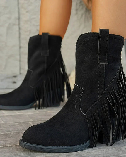 Women's Side Zip Fringe Western Cowboy Boots, Wide Calf