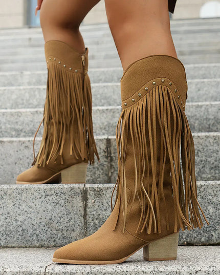 Women's Side Zip Fringe Western Cowboy Boots, Wide Calf