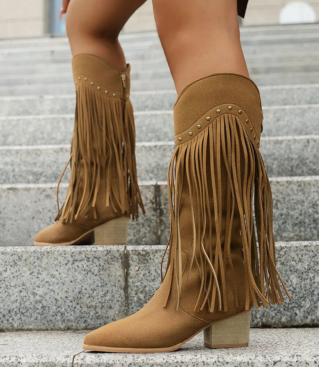 Women's Side Zip Fringe Western Cowboy Boots, Wide Calf