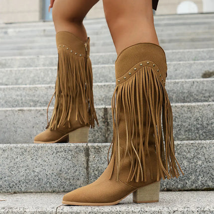 Women's Side Zip Fringe Western Cowboy Boots, Wide Calf