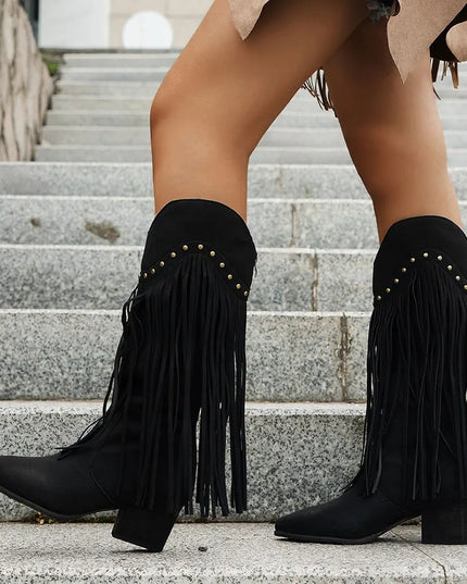 Women's Side Zip Fringe Western Cowboy Boots, Wide Calf