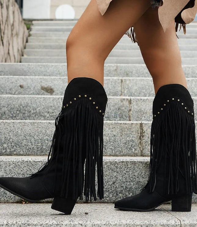 Women's Side Zip Fringe Western Cowboy Boots, Wide Calf