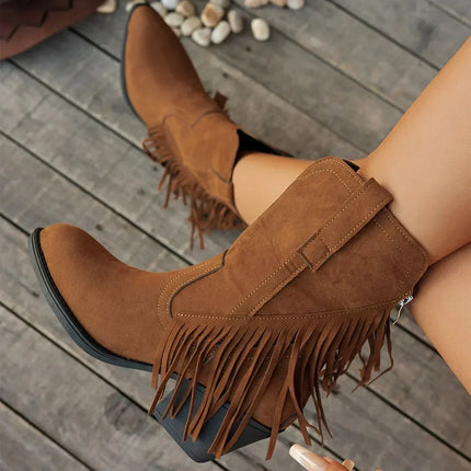 Women's Side Zip Fringe Western Cowboy Boots, Wide Calf