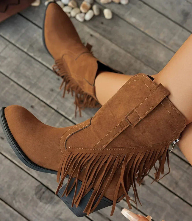 Women's Side Zip Fringe Western Cowboy Boots, Wide Calf