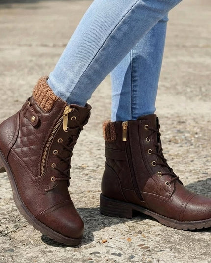 Women's Side Zip Lace Up Quilted Faux Leather Ankle Boots