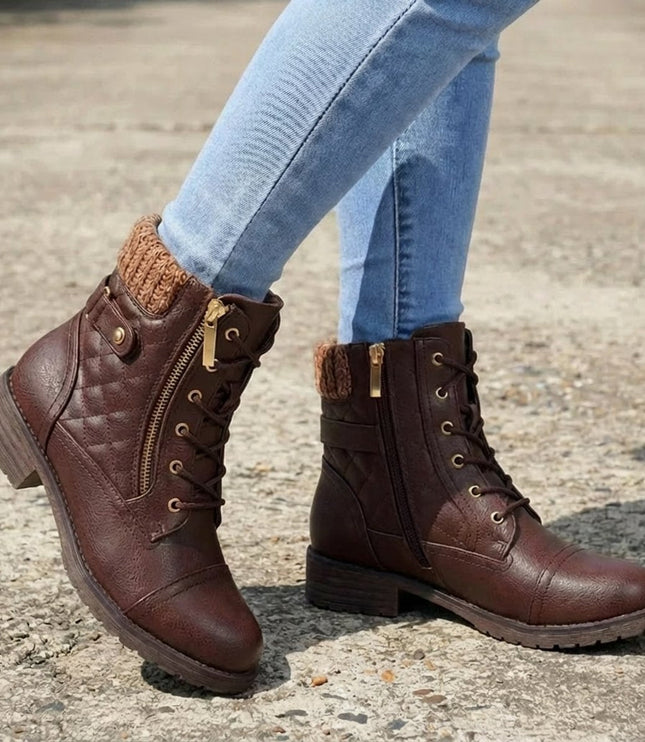 Women's Side Zip Lace Up Quilted Faux Leather Ankle Boots