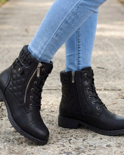 Women's Side Zip Lace Up Quilted Faux Leather Ankle Boots