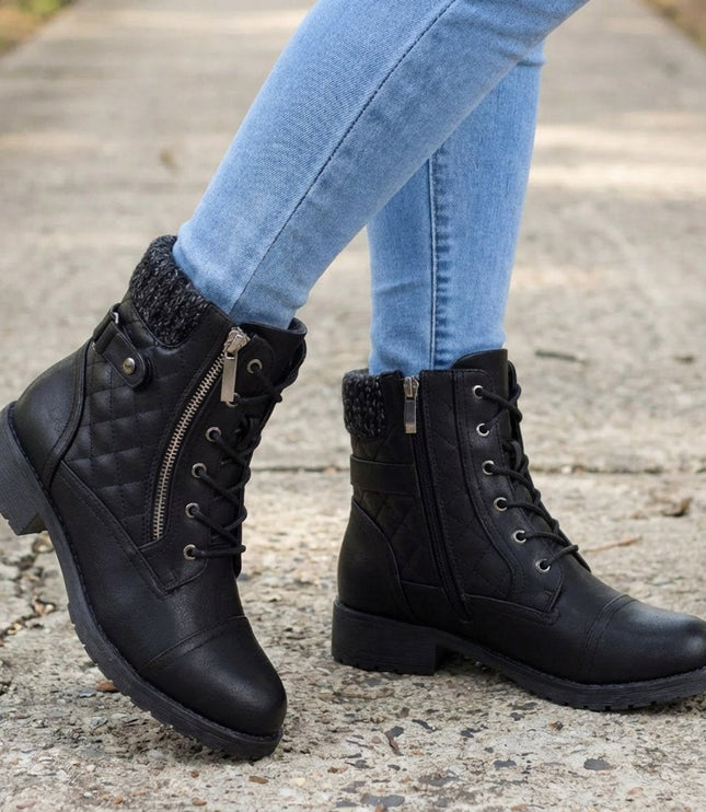 Women's Side Zip Lace Up Quilted Faux Leather Ankle Boots