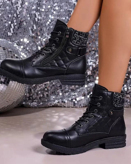 Women's Side Zip Lace Up Quilted Faux Leather Ankle Boots