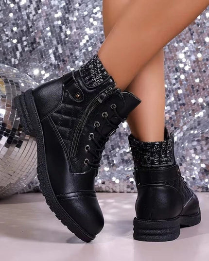 Women's Side Zip Lace Up Quilted Faux Leather Ankle Boots