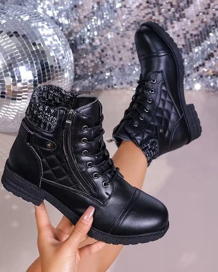 Women's Side Zip Lace Up Quilted Faux Leather Ankle Boots