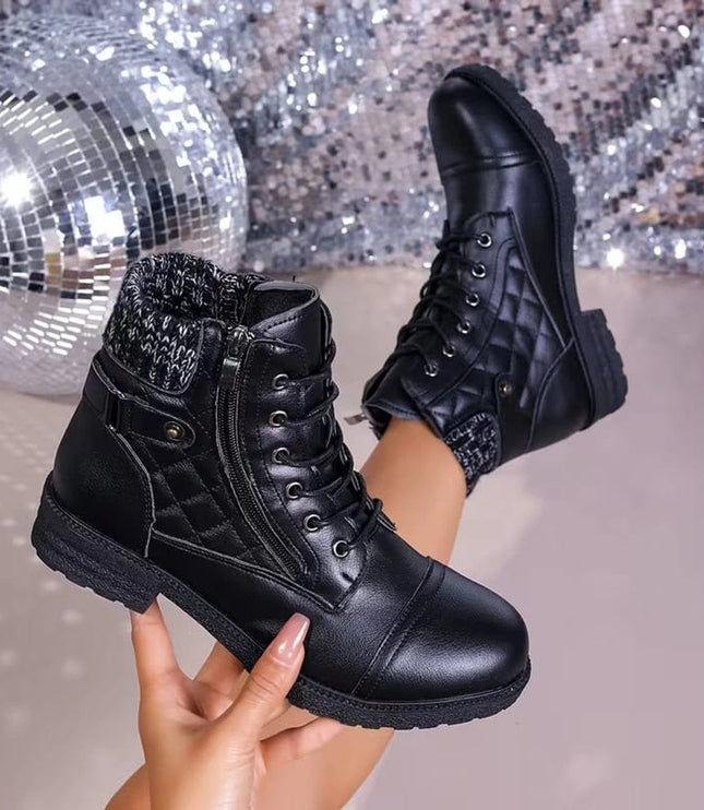 Women's Side Zip Lace Up Quilted Faux Leather Ankle Boots