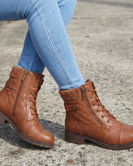 Women's Side Zip Lace Up Quilted Faux Leather Ankle Boots