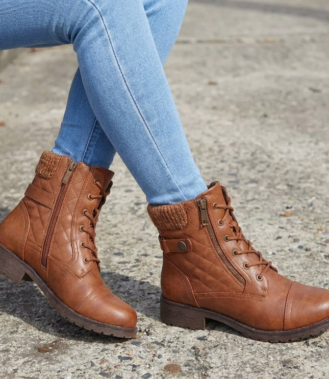 Women's Side Zip Lace Up Quilted Faux Leather Ankle Boots