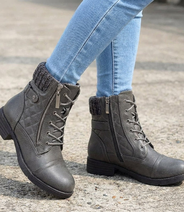 Women's Side Zip Lace Up Quilted Faux Leather Ankle Boots