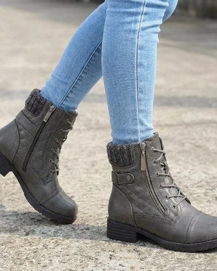 Women's Side Zip Lace Up Quilted Faux Leather Ankle Boots