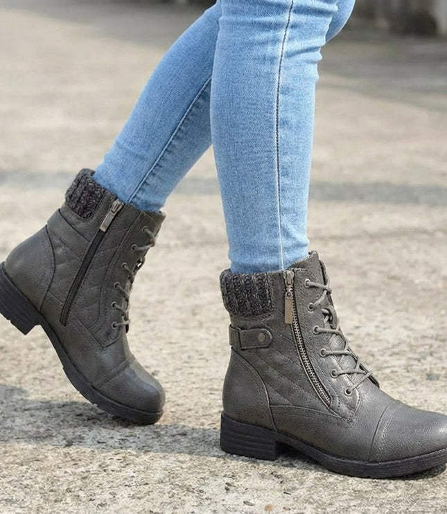 Women's Side Zip Lace Up Quilted Faux Leather Ankle Boots