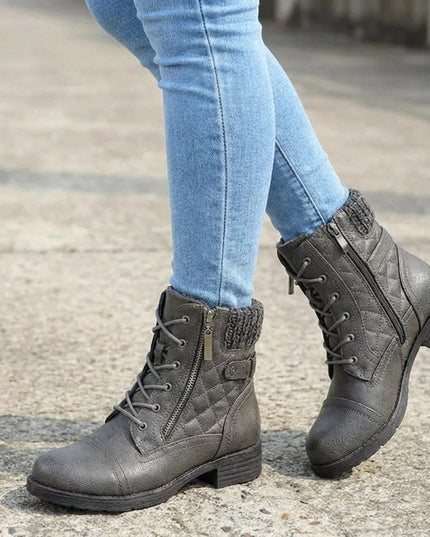 Women's Side Zip Lace Up Quilted Faux Leather Ankle Boots