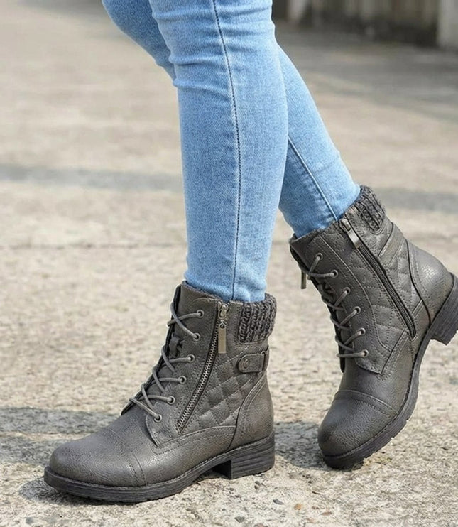 Women's Side Zip Lace Up Quilted Faux Leather Ankle Boots