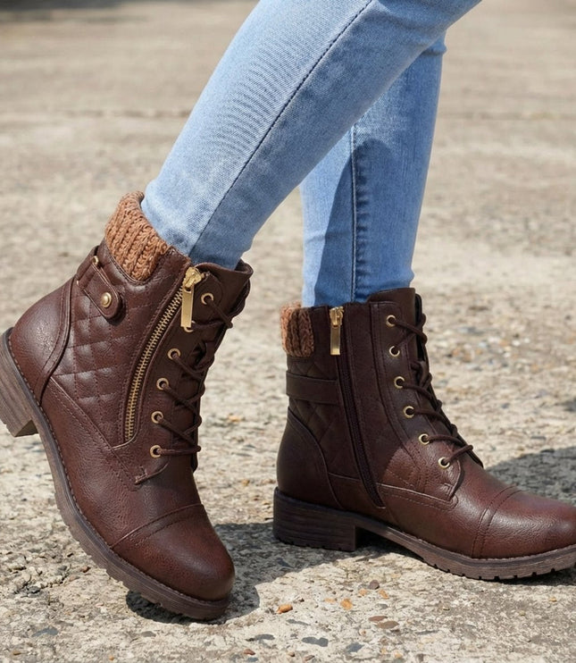 Women's Side Zip Lace Up Quilted Faux Leather Ankle Boots