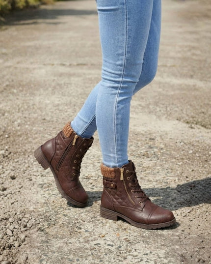 Women's Side Zip Lace Up Quilted Faux Leather Ankle Boots