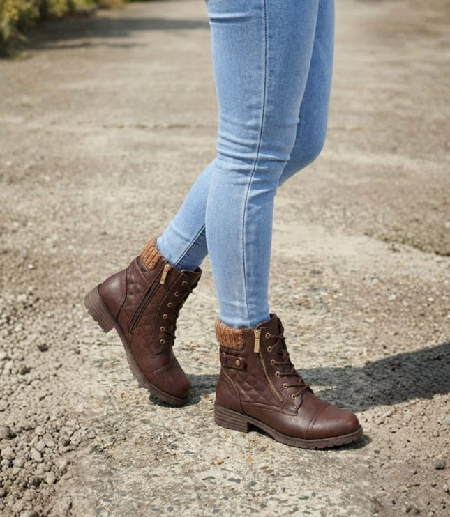 Women's Side Zip Lace Up Quilted Faux Leather Ankle Boots