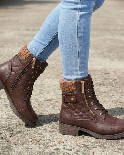 Women's Side Zip Lace Up Quilted Faux Leather Ankle Boots