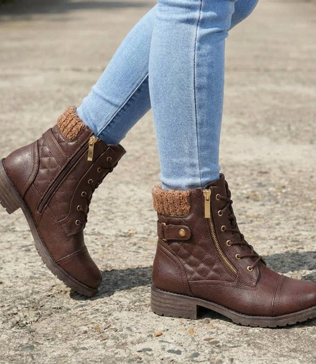 Women's Side Zip Lace Up Quilted Faux Leather Ankle Boots