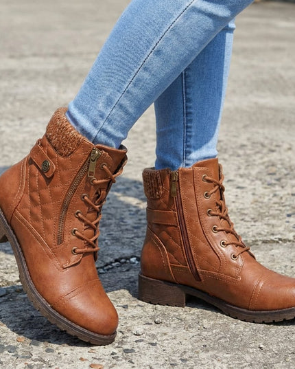 Women's Side Zip Lace Up Quilted Faux Leather Ankle Boots