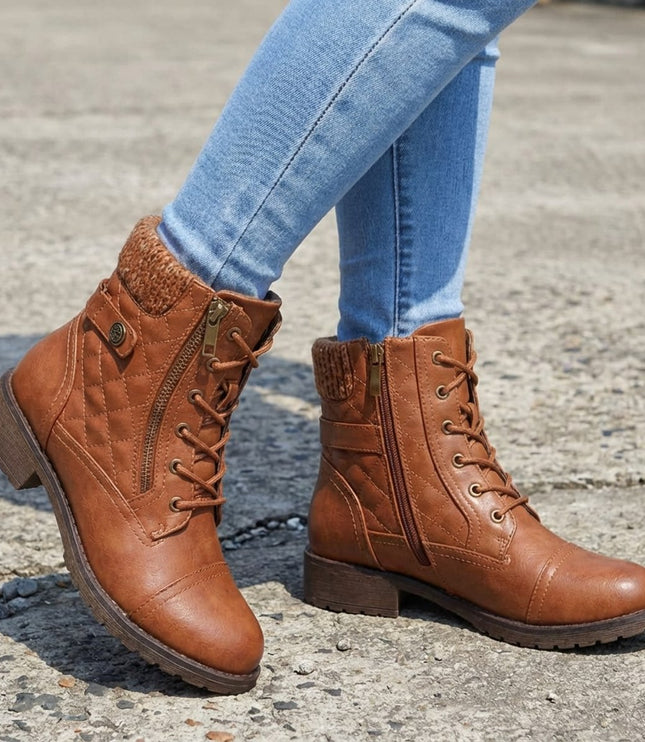 Women's Side Zip Lace Up Quilted Faux Leather Ankle Boots