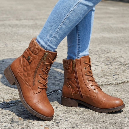 Women's Side Zip Lace Up Quilted Faux Leather Ankle Boots