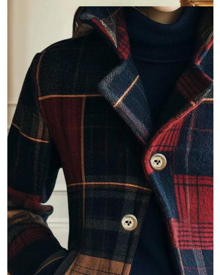 Women's Single Breasted Wool Blend Jacket in Plaid Patchwork