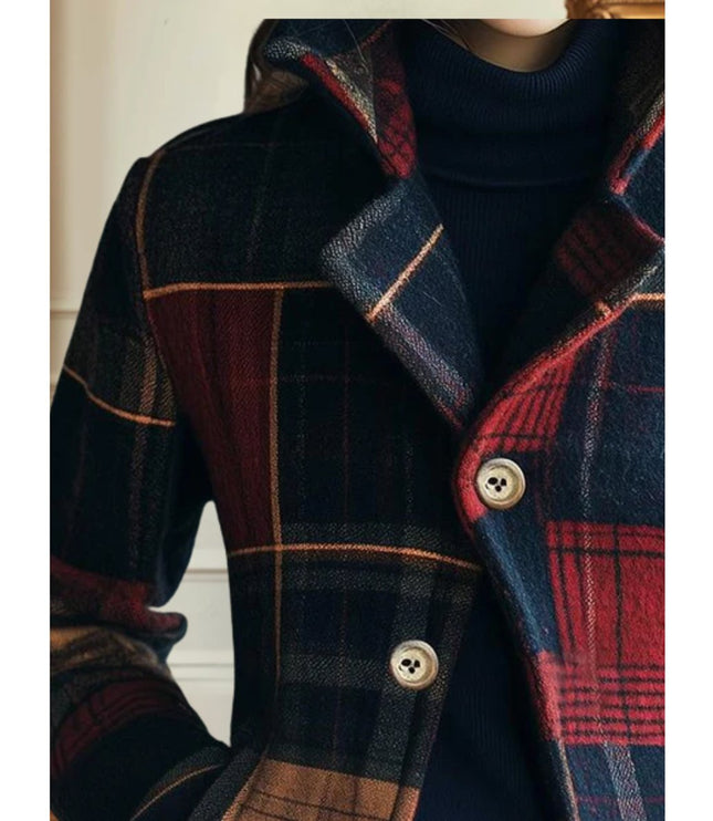 Women's Single Breasted Wool Blend Jacket in Plaid Patchwork
