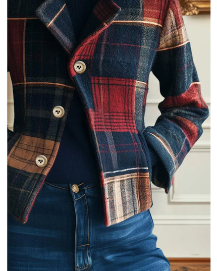 Women's Single Breasted Wool Blend Jacket in Plaid Patchwork