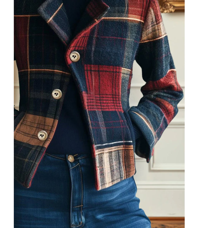 Women's Single Breasted Wool Blend Jacket in Plaid Patchwork