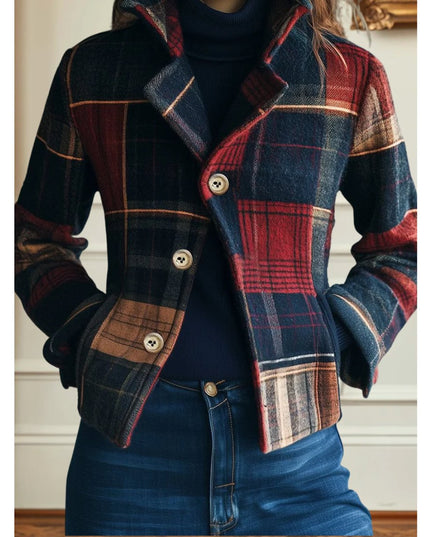 Women's Single Breasted Wool Blend Jacket in Plaid Patchwork
