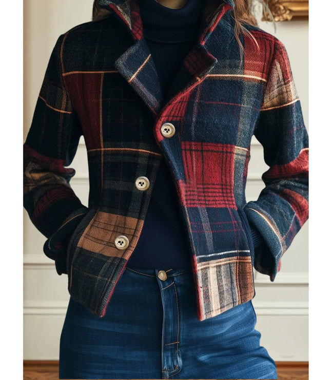 Women's Single Breasted Wool Blend Jacket in Plaid Patchwork