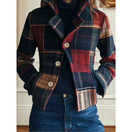 Women's Single Breasted Wool Blend Jacket in Plaid Patchwork