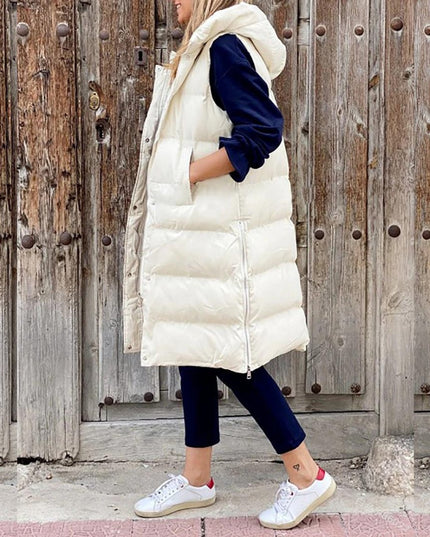 Women's Sleeveless Hooded Long Quilted Puffer Vest