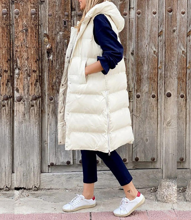 Women's Sleeveless Hooded Long Quilted Puffer Vest