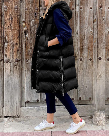 Women's Sleeveless Hooded Long Quilted Puffer Vest