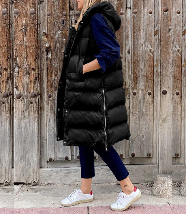 Women's Sleeveless Hooded Long Quilted Puffer Vest