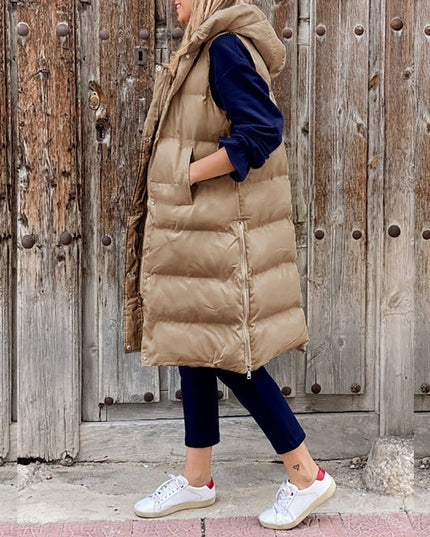 Women's Sleeveless Hooded Long Quilted Puffer Vest