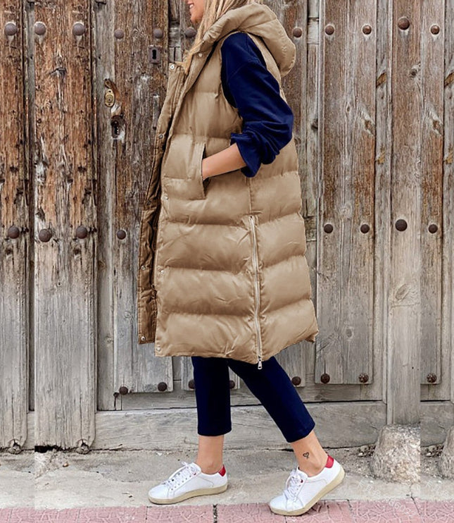 Women's Sleeveless Hooded Long Quilted Puffer Vest