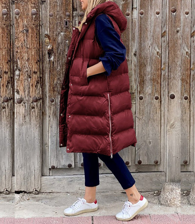 Women's Sleeveless Hooded Long Quilted Puffer Vest