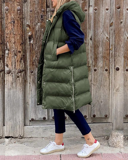 Women's Sleeveless Hooded Long Quilted Puffer Vest