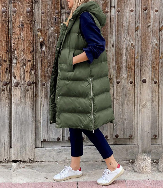 Women's Sleeveless Hooded Long Quilted Puffer Vest